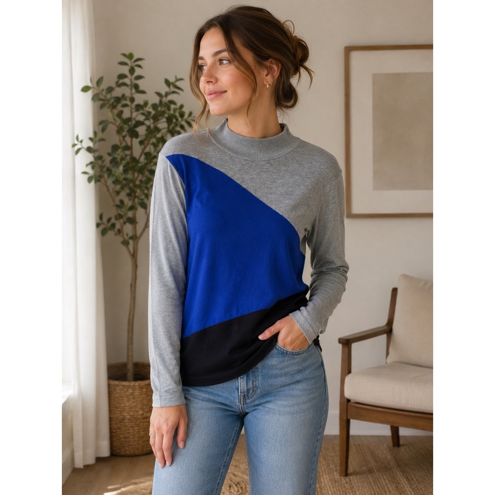 Calvin Klein Womens Grey Blue Black Colorblock Mock Neck Sweater Size M P164
